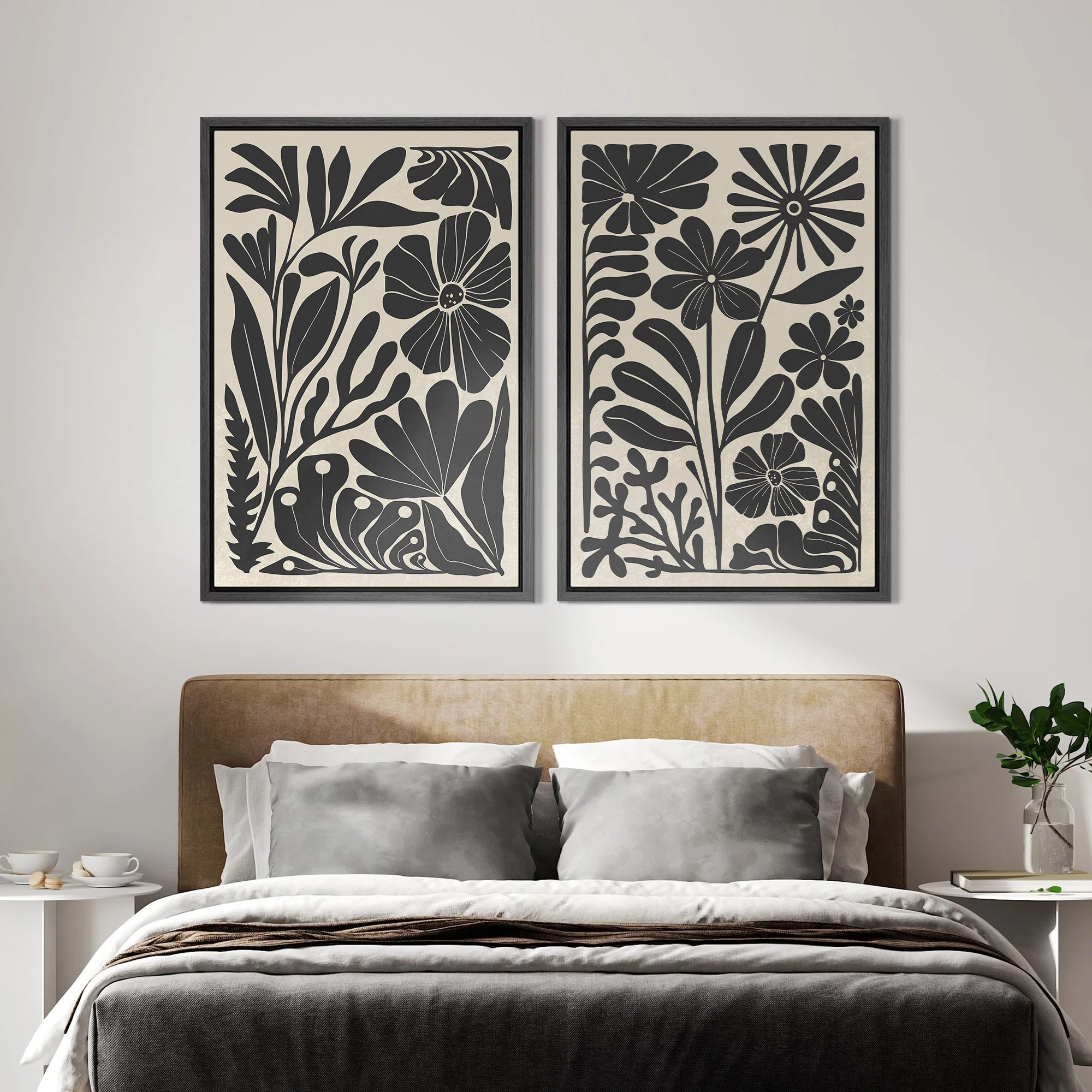 Abstract Botanical " Unique Black And White Floral Modern Boho Framed Canvas Print 2 Pieces Wall ... | Wayfair North America
