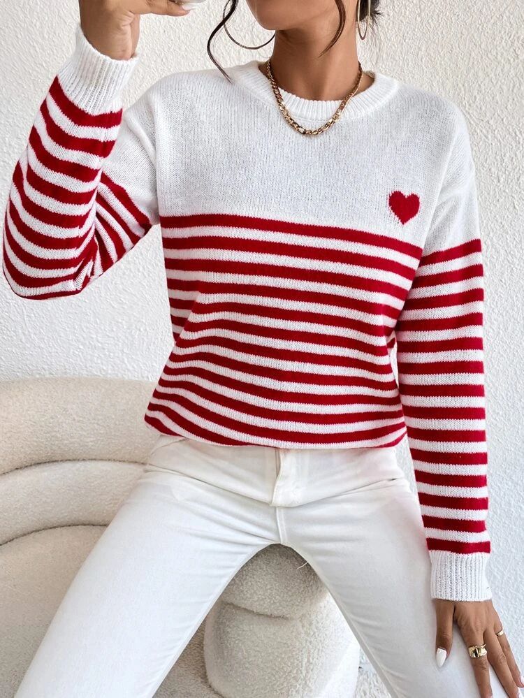 Heart & Stripe Pattern Drop Shoulder Sweater | SHEIN