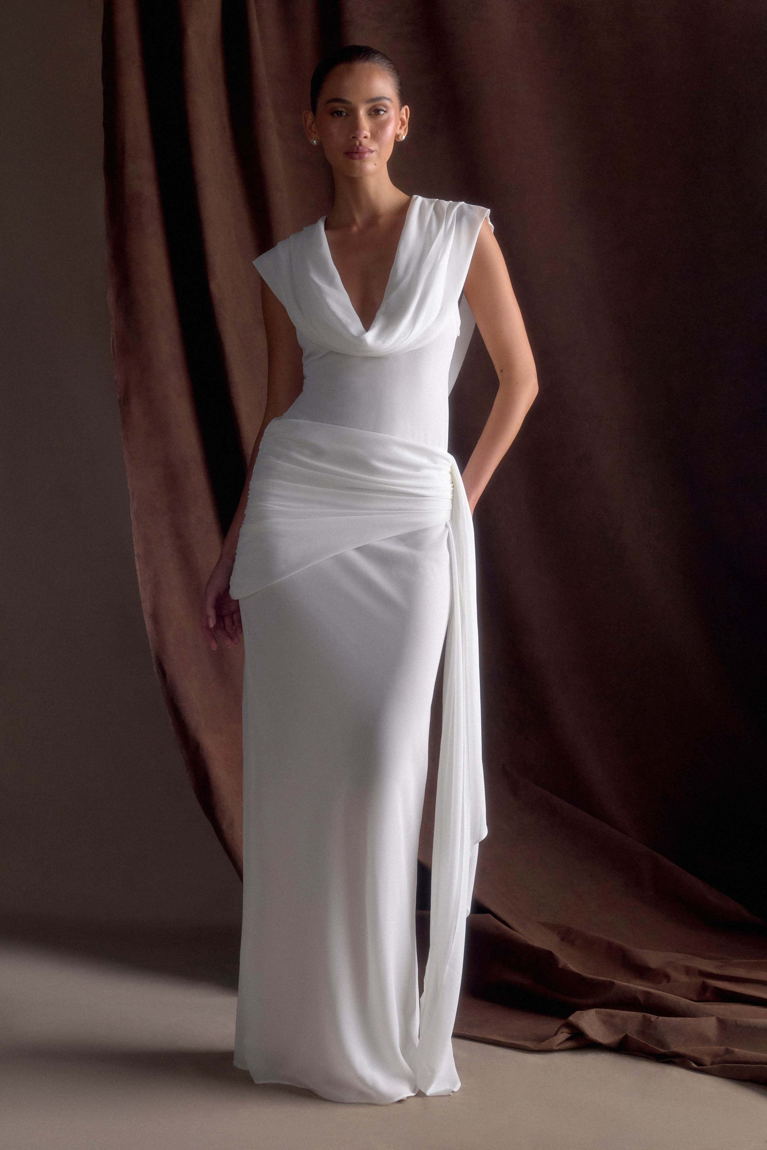 Giulia Chiffon Draped Maxi Dress - White | MESHKI US