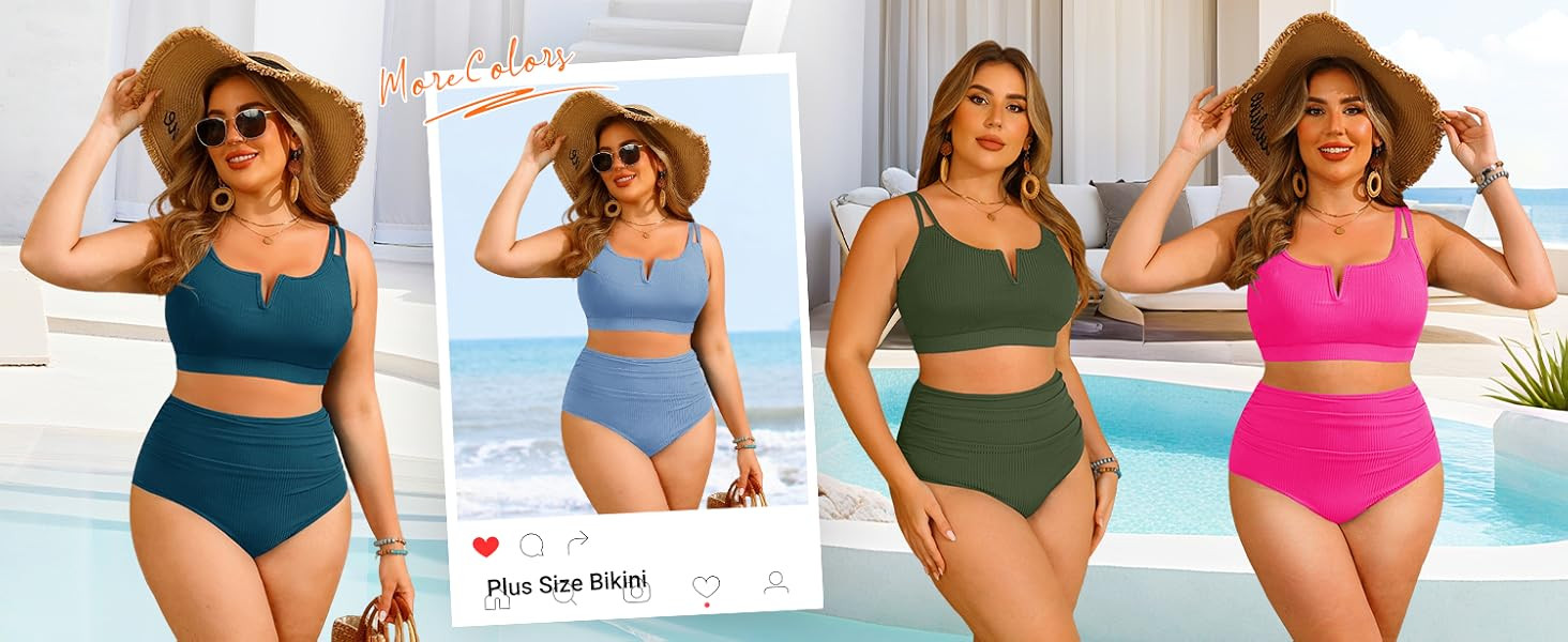 Yonique Women Plus Size High Waisted Bikini - Ribbed Two Piece Swimsuit Tummy Control Bathing Sui... | Amazon (US)