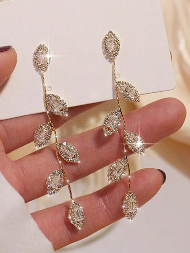 1 Pair Cute Leaf CZ Zirconia Women Dangle Earrings For Bridal Wedding Jewelry Gift For Wife Engagement Anniversary Elegant Tiaras Halloween | SHEIN