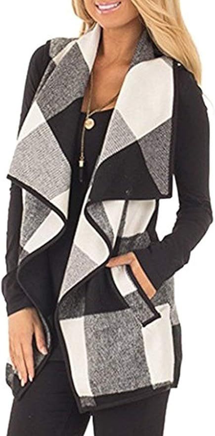Unidear Womens Buffalo Plaid Vest Casual Lapel Open Front Sleeveless Cardigan Jacket Coat with Po... | Amazon (US)