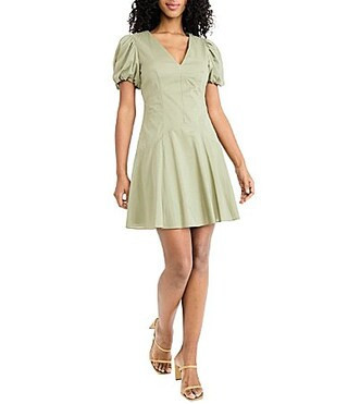Donna Morgan V-Neck Puff Sleeve Cotton Voile Dress - 6 | Dillard's