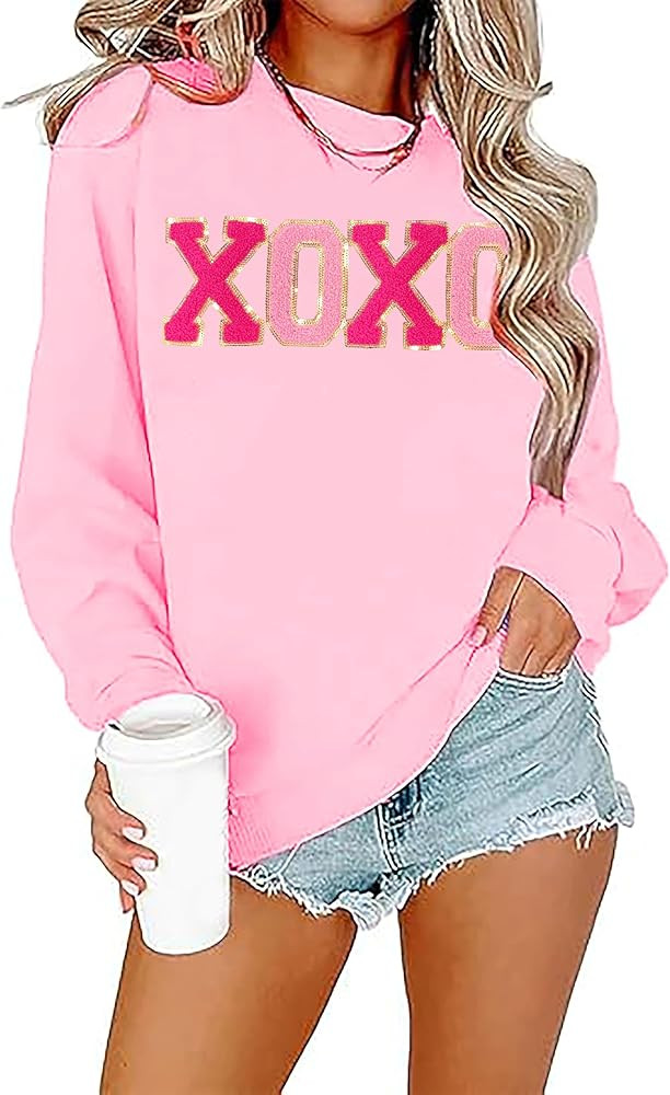 Valentine Sweatshirt Women Glitter XOXO Chenille Patch Pullover Top Novelty Valentine's Day Long ... | Amazon (US)