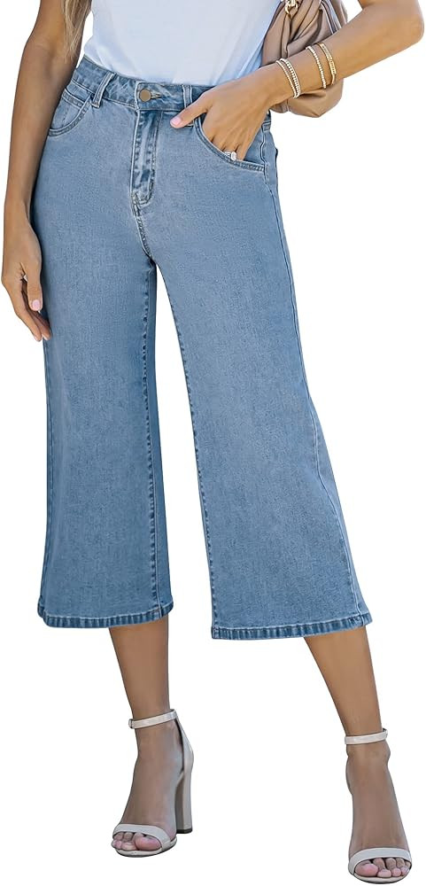Vetinee Wide Leg Capri Jeans for Women High Waisted Stretch Cropped Baggy Denim Capris Dressy Pan... | Amazon (US)