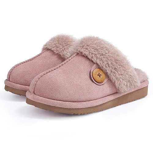 Litfun Women's Fuzzy Memory Foam Slippers Fluffy Winter House Shoes Indoor and Outdoor, Button Dusty Pink 10.5-11 | Amazon (US)
