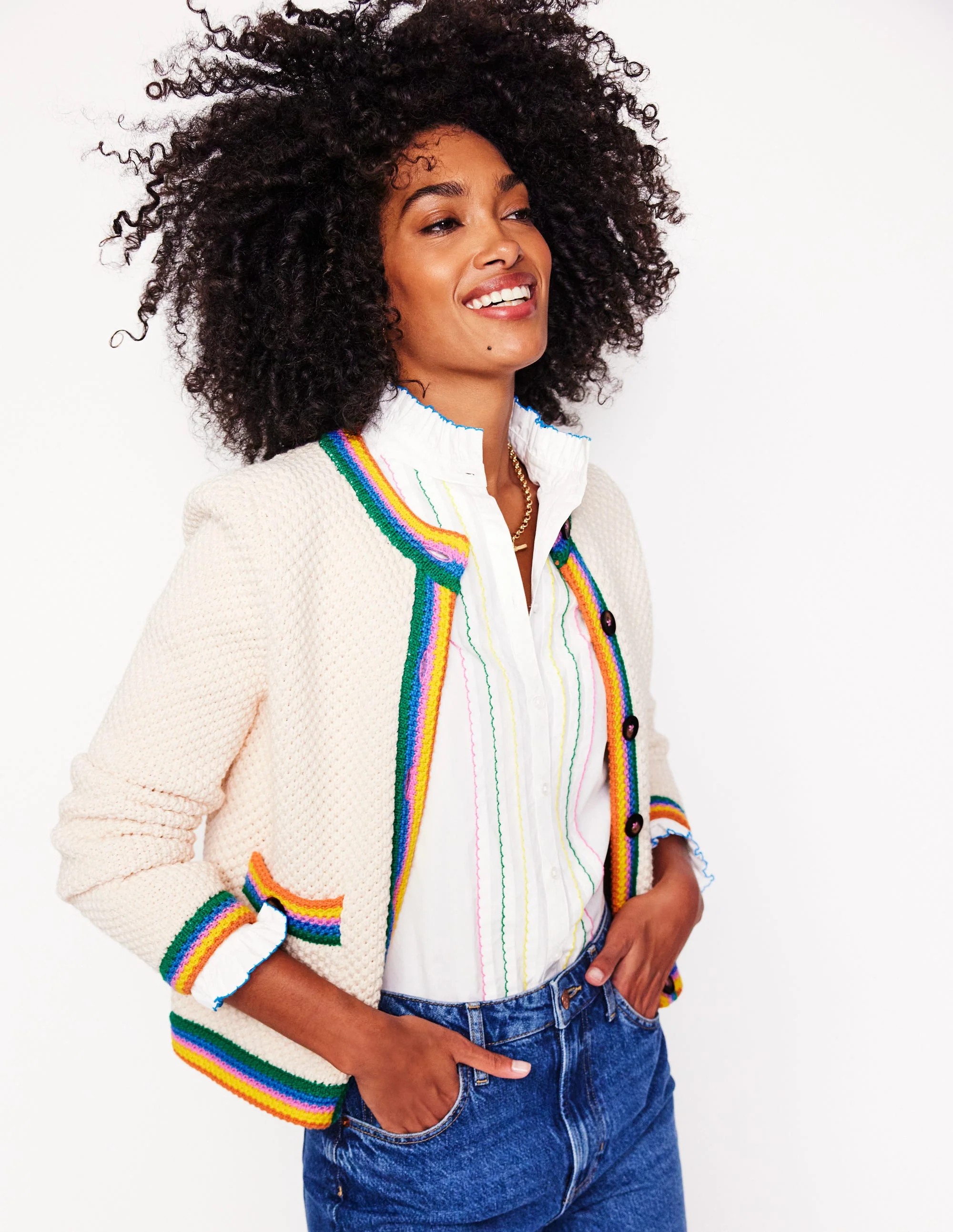 Libby Knitted Jacket-Warm Ivory, Rainbow | Boden (US)