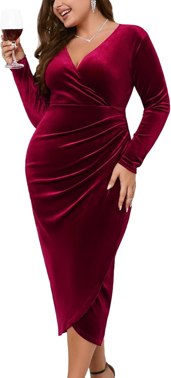 ZOMVA 2023 Plus Size Velvet Wrap Dress Ruched Bodycon Dress Long Sleeves Ruffle Long Elegant Part... | Amazon (US)