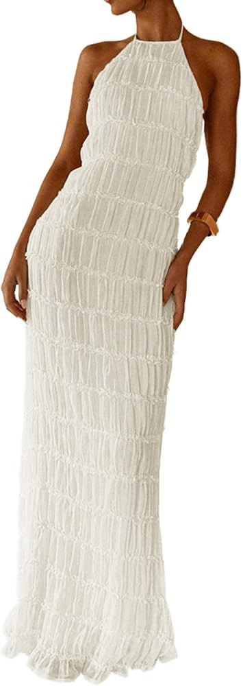 Women's Sexy Halter Neck Backless Pleated Maxi Dress Sleeveless Smocked Casual Boho Beach Vacatio... | Amazon (US)