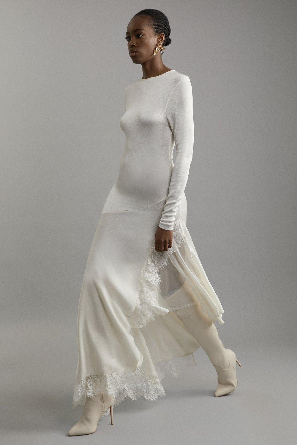 Viscose Blend Slinky Sheer Lace Detail Asymmetric Knit Midaxi Dress | Karen Millen | Karen Millen US