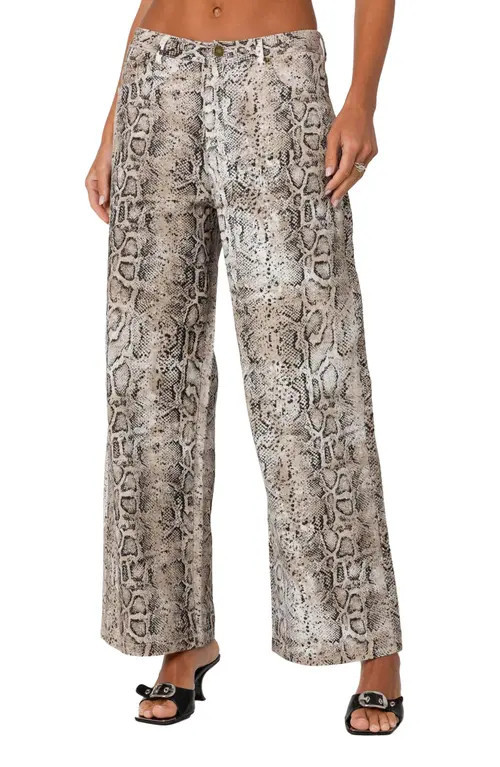 EDIKTED Snakeskin Print Low Rise Wide Leg Jeans in Mix at Nordstrom, Size Small | Nordstrom