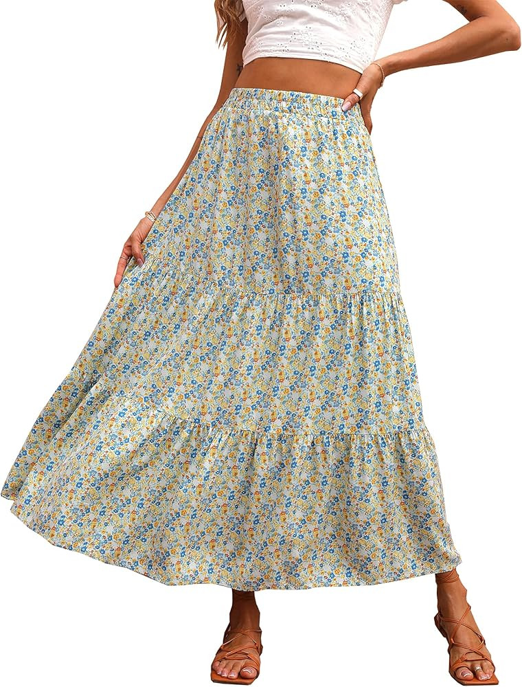 KIRUNDO Women 2026 Spring Summer High Waist Boho Floral Maxi Skirt Trendy Casual Flowy Swing Plea... | Amazon (US)