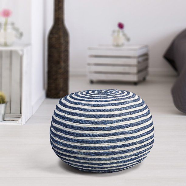 LR Home Corcovado Deep Sea Braided Double Jute Cotton Blue / White 20 in. x 14 in. Pouf Ottoman | Walmart (US)