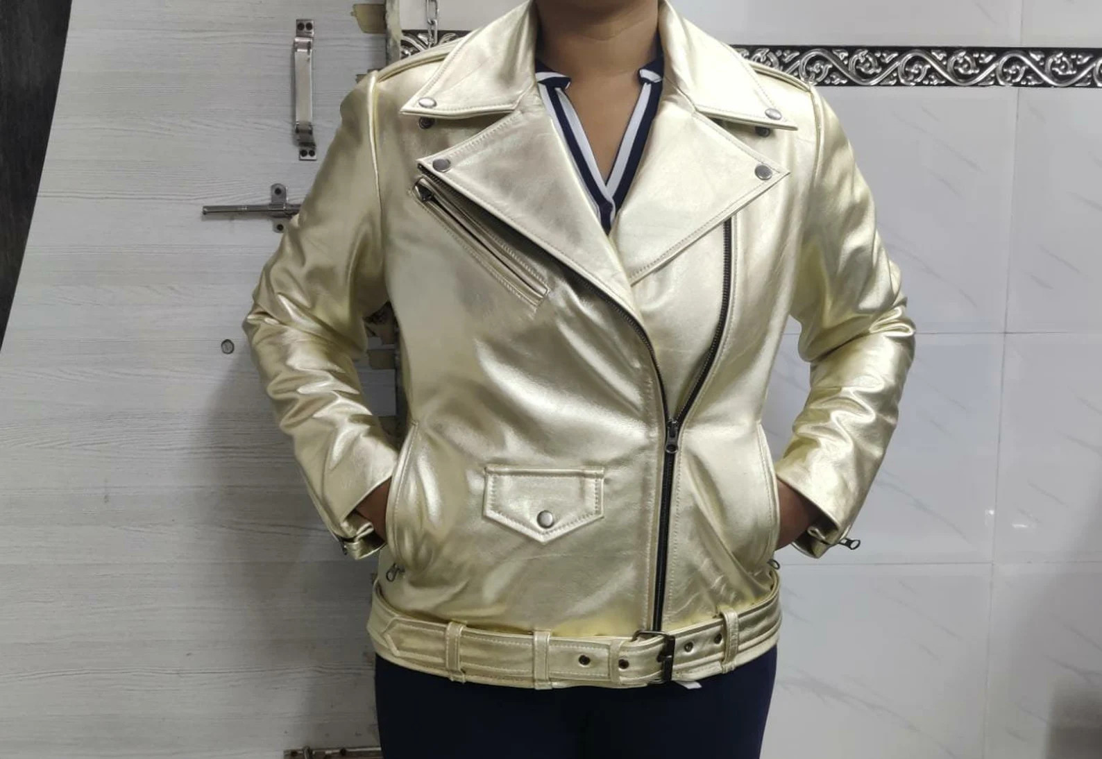 Noori Women's Genuine Lambskin METALLIC GOLD Leather Jacket | Handmade Gold Leather Motorcycle Ja... | Etsy (US)