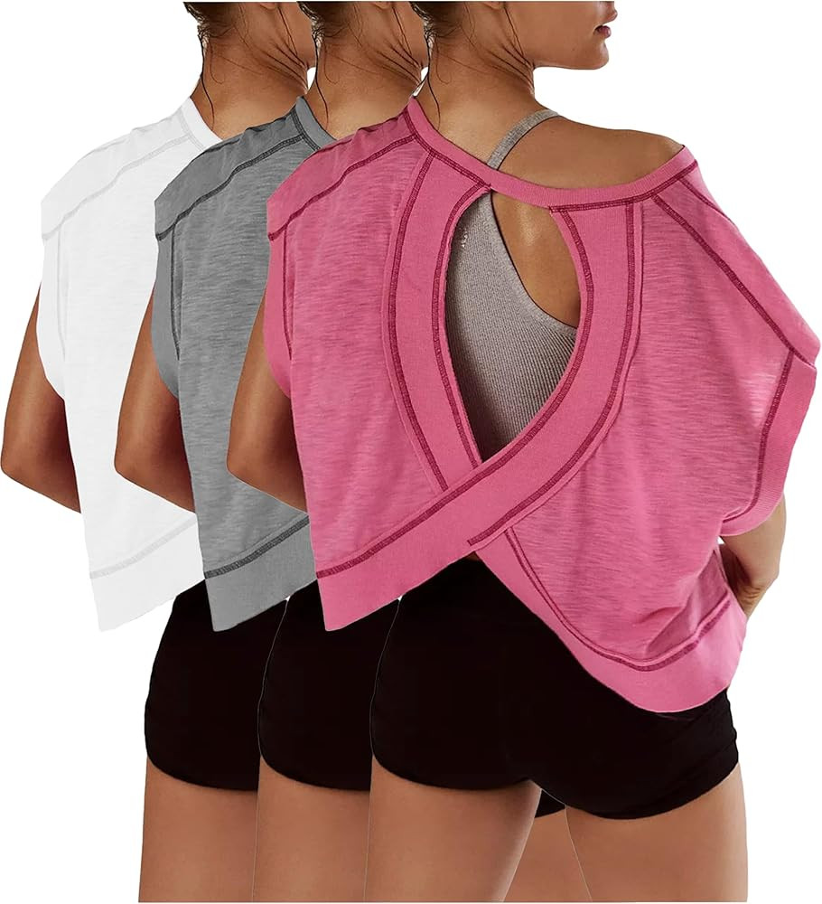 Womens 3 Pack Open Back Tops Casual Short Sleeve Workout Shirts Y2k Crop Athletic Tops Gym Yoga R... | Amazon (US)