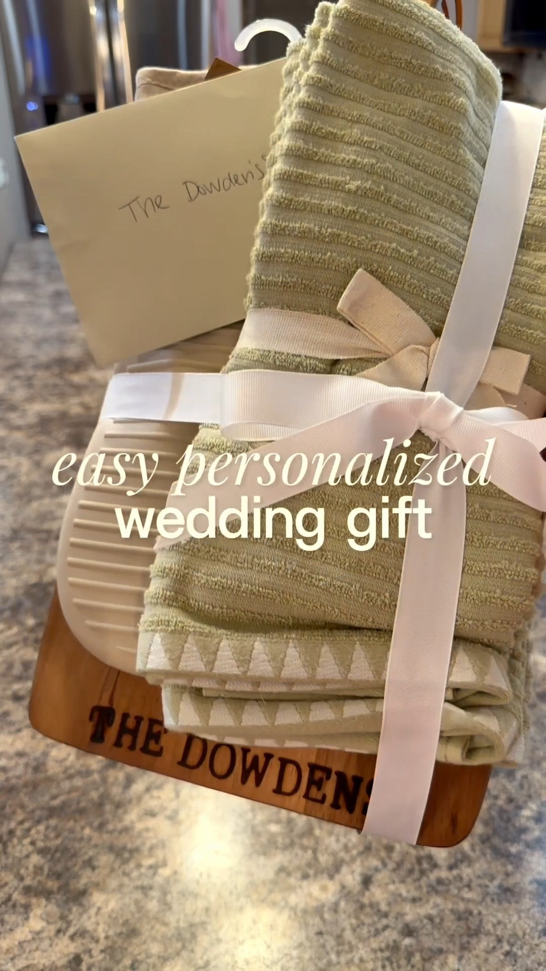 Need an easy personalized wedding gift? I’ve made several of these charcuterie boards for gifts. I think they would be so cute hanging in their kitchen or used for parties. I got everything from @Marshalls. 
What I used:
-wood cutting board or charcuterie board
-set of oven mitts 
-coordinating dish towels
-cute card (I added cash but you could include a gift card)
-ribbon

I got my wood burning tool and letters from Walmart but Hobby Lobby or Amazon has them too. Turns a simple gift into something that can be cherished for years. 

#weddinggift #personalizedgift #charcuterieboardsoftiktok #giftguide #giftgivingideas

#LTKWedding #LTKHome #LTKvlog
