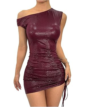 Milumia Women's Off Shoulder Pu Leather Mini Dress Sexy Drawstring Ruched Party Club Short Dresse... | Amazon (US)