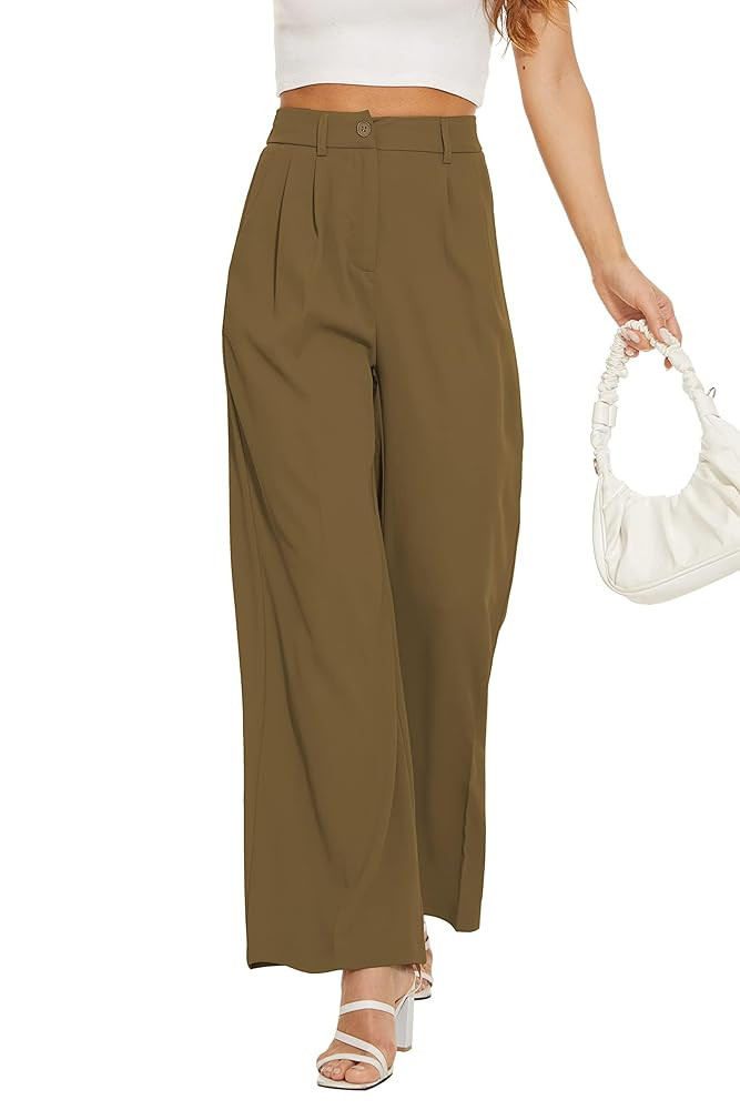 FUNYYZO Wide Leg Pants Women's High Elastic Waisted in The Back Business Work Trousers Long Strai... | Amazon (US)