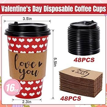 JarThenaAMCS 48 Pack Valentine's Day Disposable Coffee Cups with Lids and Sleeves Red White Heart... | Amazon (US)