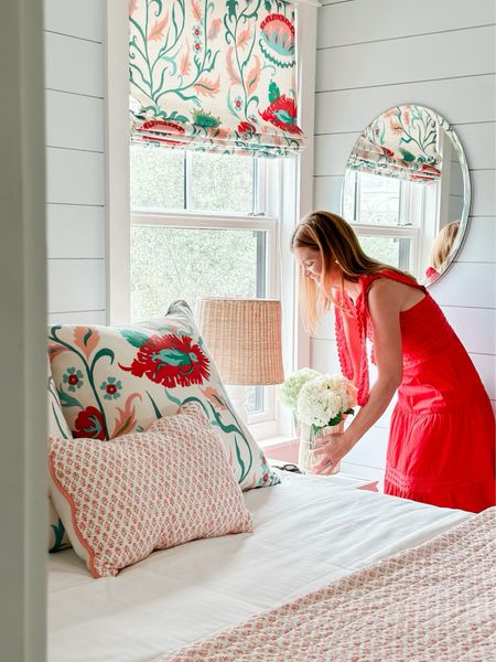 Bedroom, coral bedding, lindroth quilt, red and white, wicker shade, floral pillows, batik quilt, seren and lily, Amanda lindroth 

#LTKhome
