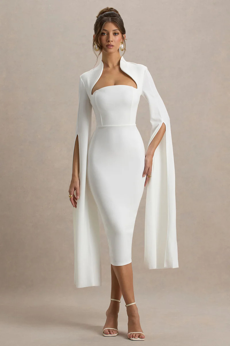 Linden | White Bodycon Cape-Sleeve Midi Dress | Club L London