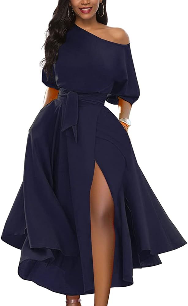 LILYIN Women’s Elegant Off Shoulder Short Sleeve Belted Side Slit Cocktail Party Swing Dress wi... | Amazon (US)