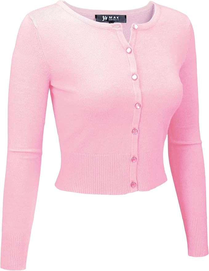 YEMAK Women's Cropped Cardigan Sweater – Long Sleeve Crewneck Basic Classic Casual Button Down ... | Amazon (US)