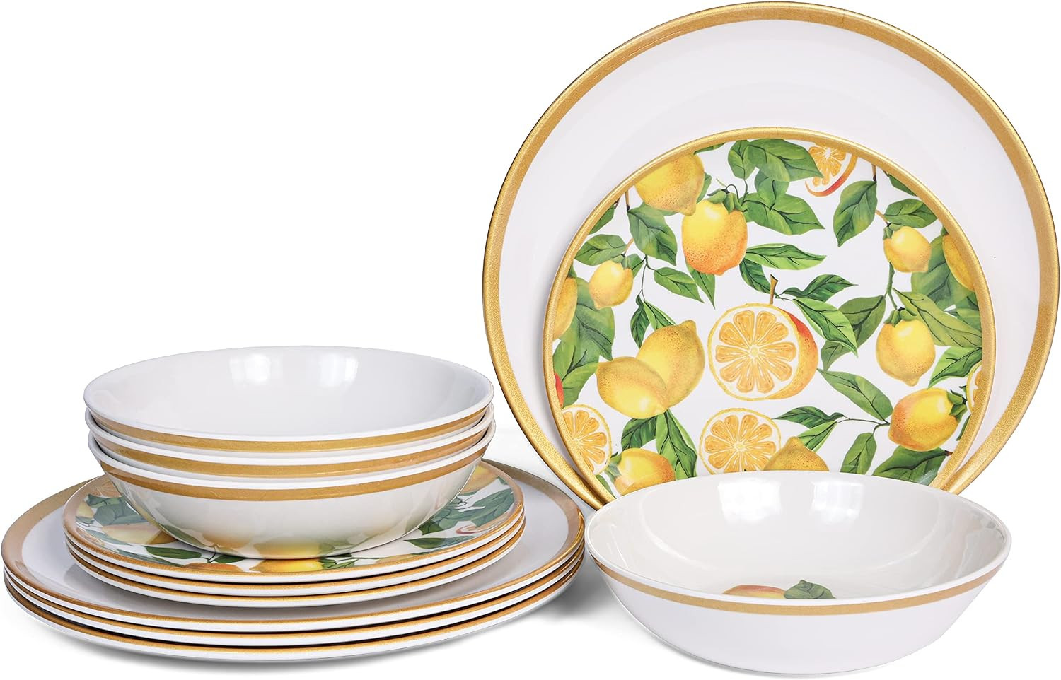 Melamine Dinnerware Sets- 12pcs Melamine Plates and Bowls Set for 4,Indoor and Outdoor Dinnerware, Lemon dinnerware set | Amazon (US)