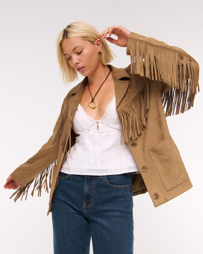 Women's Vegan Suede Fringe Jacket | Women's Coats & Jackets | Abercrombie.com | Abercrombie & Fitch (US)