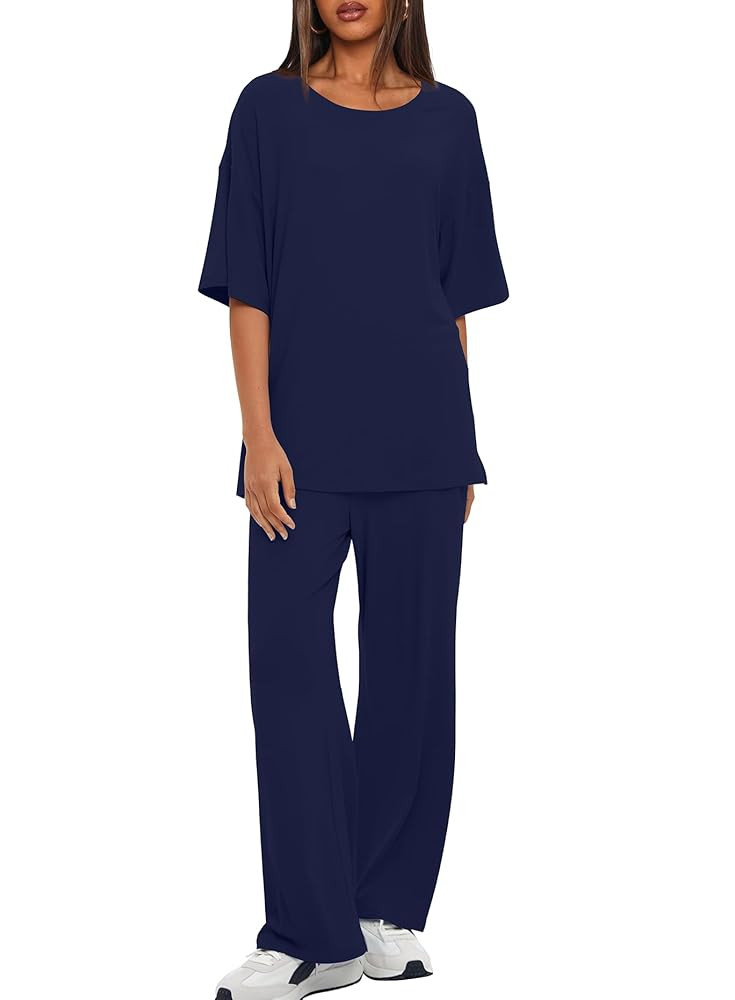 Darong Women's Two Piece Outfits Sets Loose Short Sleeve Side Slit Top Wide Leg Pants Lounge Sets... | Amazon (US)