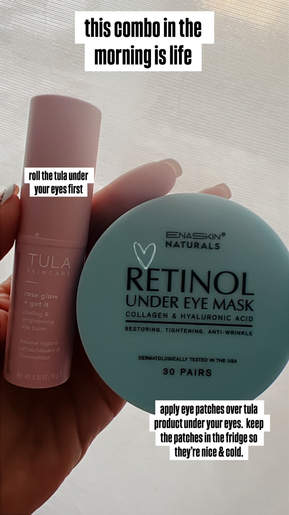 My morning eye fix 💧✨
This combo is non-negotiable:
🔹 Roll on the Tula Rose Glow + Get It balm to brighten + depuff
🔹 Top it with retinol eye patches (pro tip: keep them in the fridge for an icy wake-up call ❄️)

Trust me, your under-eyes will thank you 🙌

#MorningRitual #LTKskincare #EyeCareRoutine #TulaSkincare #AmazonFinds #Over40Beauty


#LTKFindsUnder50 #LTKOver40 #LTKBeauty