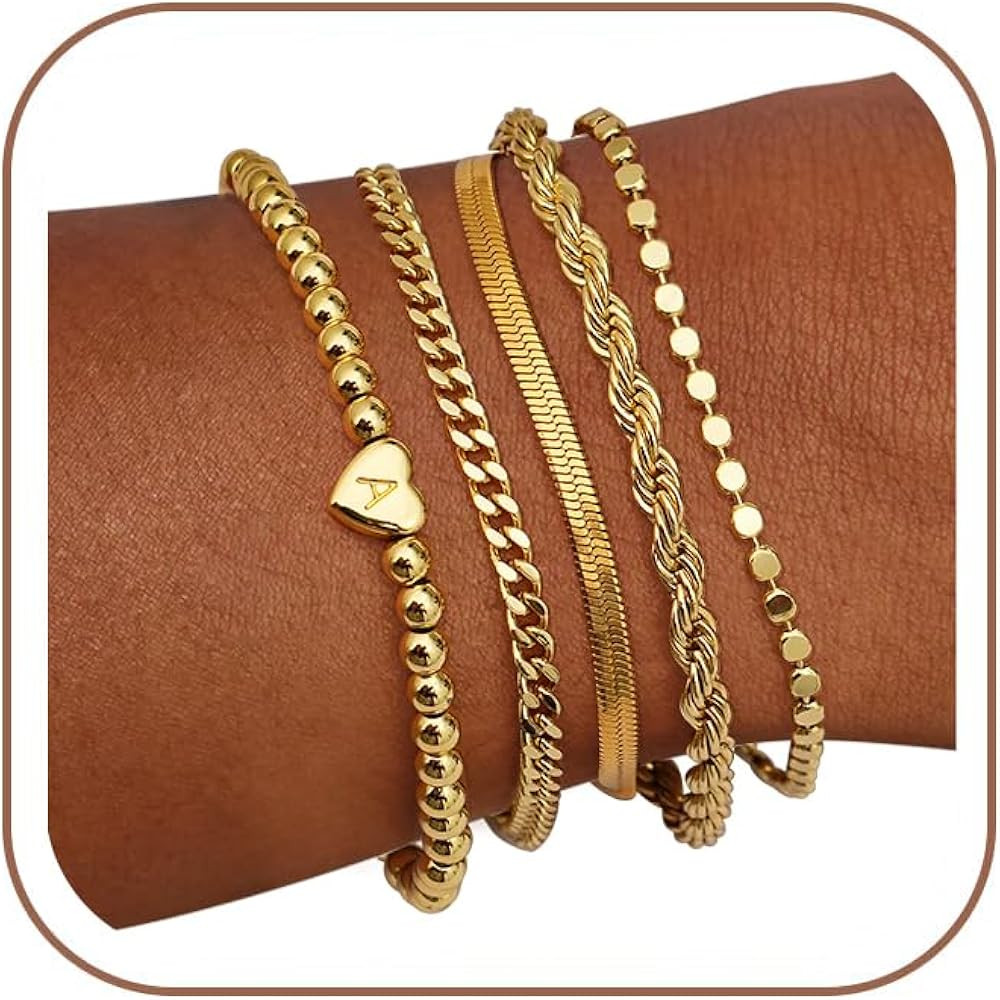 Gold Bracelets for Women Stackable, 14K Gold Plated Waterproof Bracelet Set, Dainty Adjustable Go... | Amazon (US)