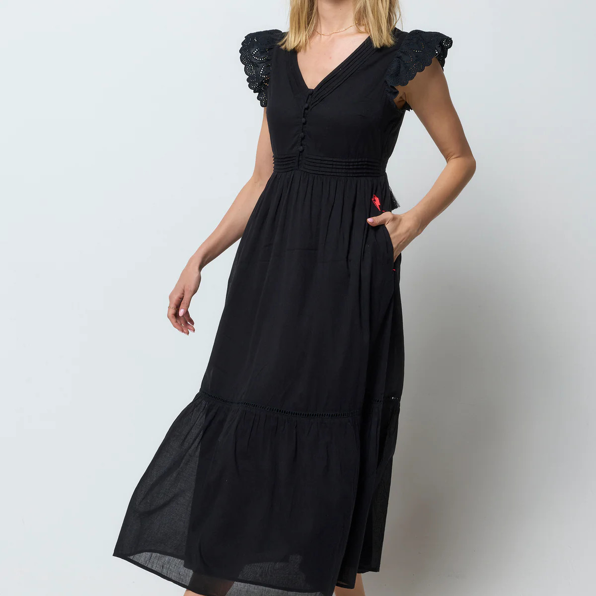 Black Broderie Sleeve Pintuck Midi Dress Scamp & Dude | Scamp & Dude