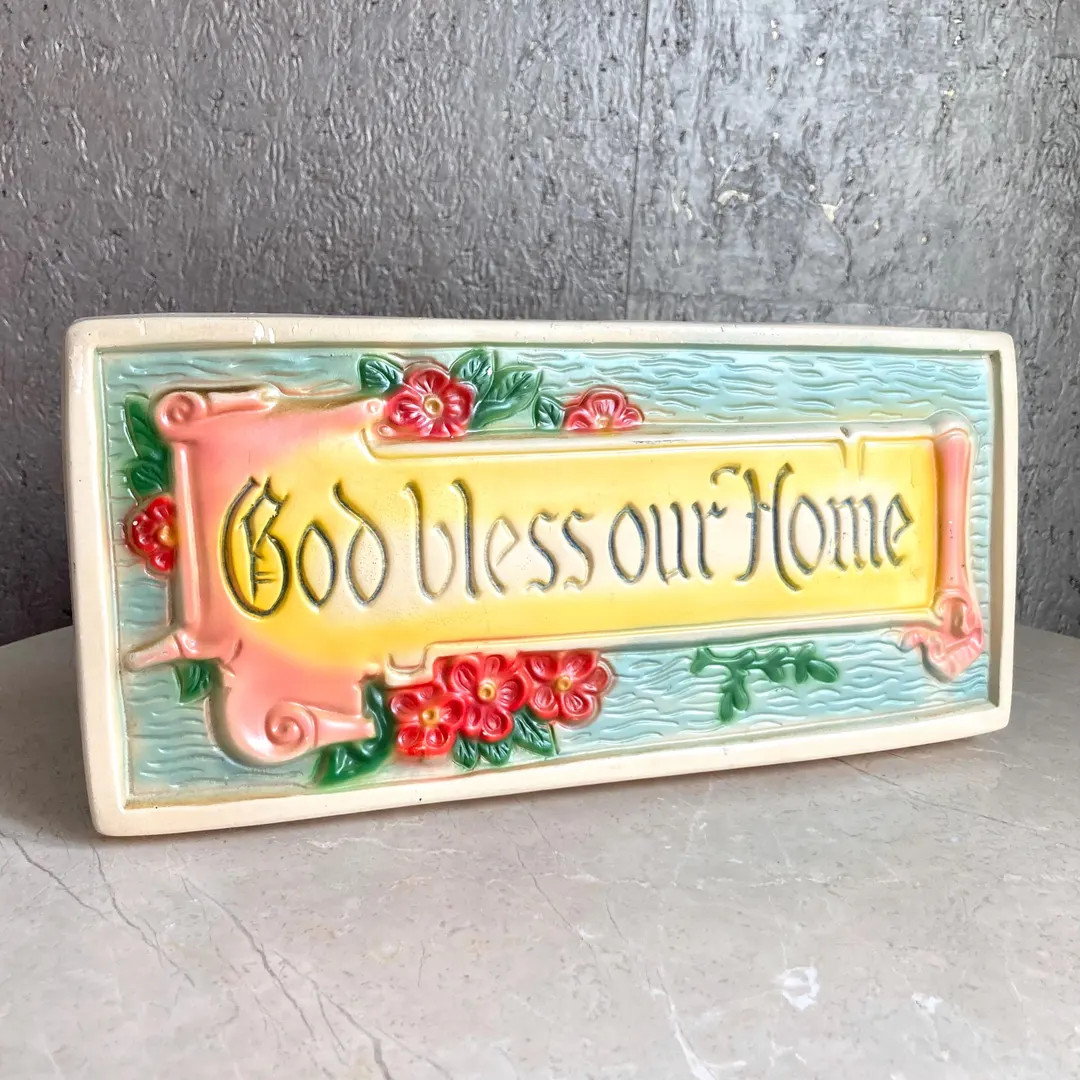 God Bless Our Home vintage chalkware plaque, pink yellow aqua florals, cottagecore decor | Etsy (US)
