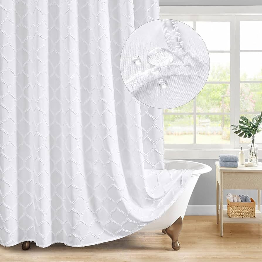 MitoVilla White Boho Fabric Shower Curtain with Tufted, Modern Farmhouse Cloth Shower Curtains fo... | Amazon (US)