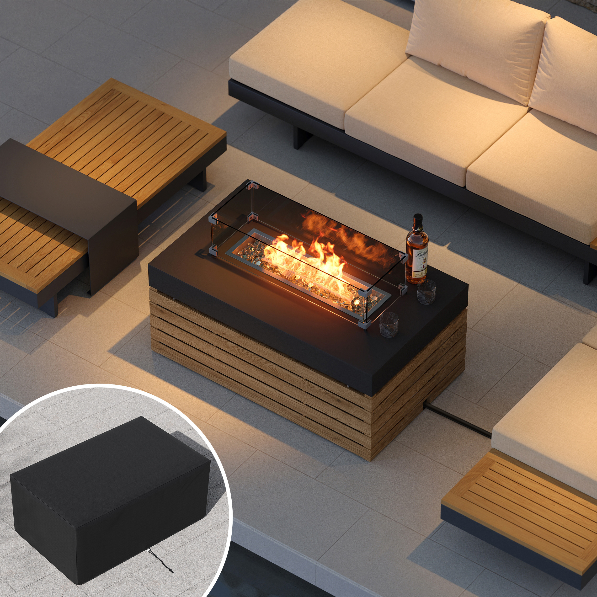 Axis 39-Inch Smokeless Propane Fire Pit Table with Cover | 50,000 BTU | Glass Wind Guard | Homary