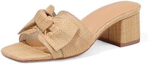 Erocalli Heeled Sandals for Women Raffia Sandals 2026 Chunky Heels Square Toe Mules Slip On Dress... | Amazon (US)