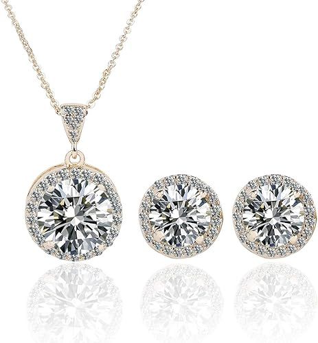 AMYJANE Halo Crystal Jewelry Set - Sterling Silver Round Cubic Zirconia Crystal Bridal Pendant Ne... | Amazon (US)