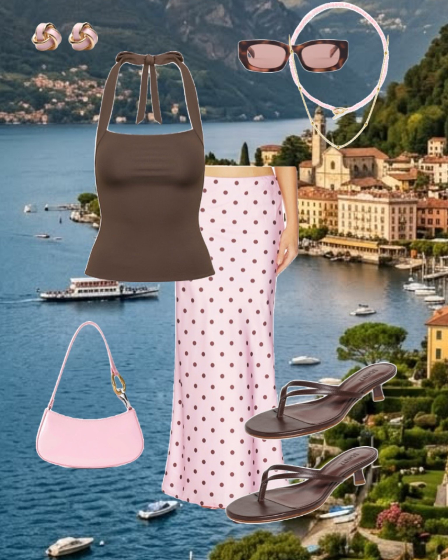 Lake Como outfit ✨ 

chocolate brown halter top, polka dot satin midi skirt, Italy vacation outfit, European summer style, date night look, feminine travel outfit, kitten heels, romantic dinner outfit, luxury vacation aesthetic, soft pink and brown outfit inspo

#LTKTravel