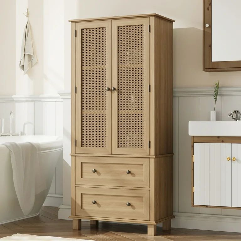 Homfa Bathroom Cabinet with Rattan Doors, Rattan Linen Storage Cabinet with 2 Drawers, Oak | Walmart (US)