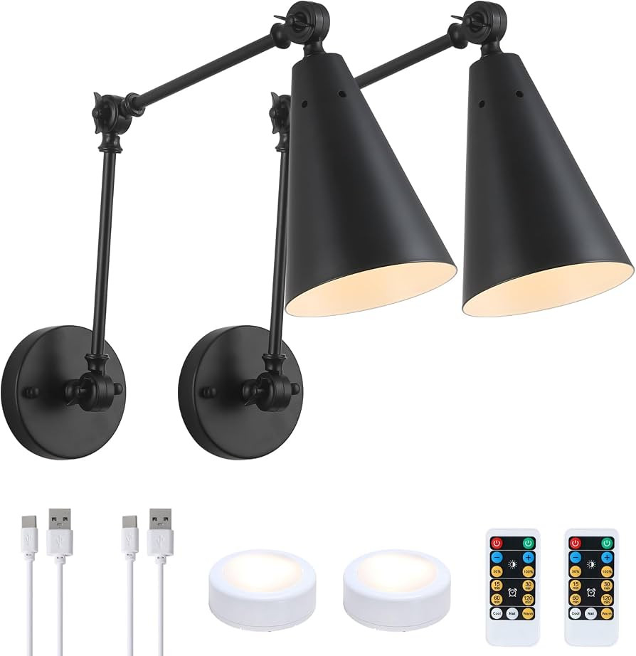 MWZ Black Swing Arm Wireless Rechargeable Sconces Set of 2,Battery Operated Dimmable 3 Color Cord... | Amazon (US)