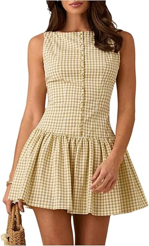 OYOANGLE Women's Gingham Sleeveless Ruffle Short Dress Open Back Button Front Y2K Plaid Dresses | Amazon (US)