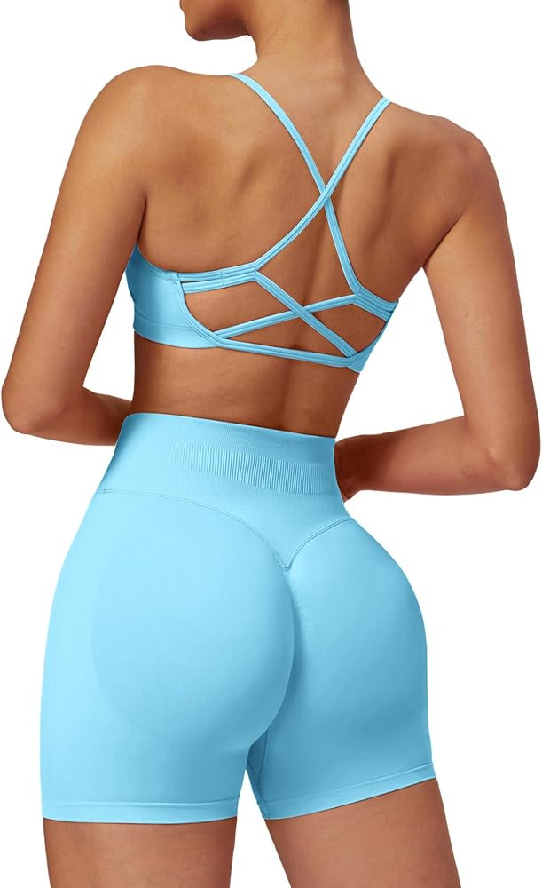 ABOCIW 2 Piece Seamless Workout Sets for Women Scoop Neck Strappy Sports Bra Scrunch Butt Lifting... | Amazon (US)