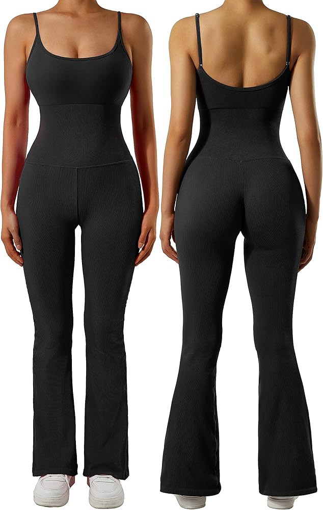 SUUKSESS Women Ribbed Flare One Piece Jumpsuits Seamless Padded Sexy Jumpsuit | Amazon (US)