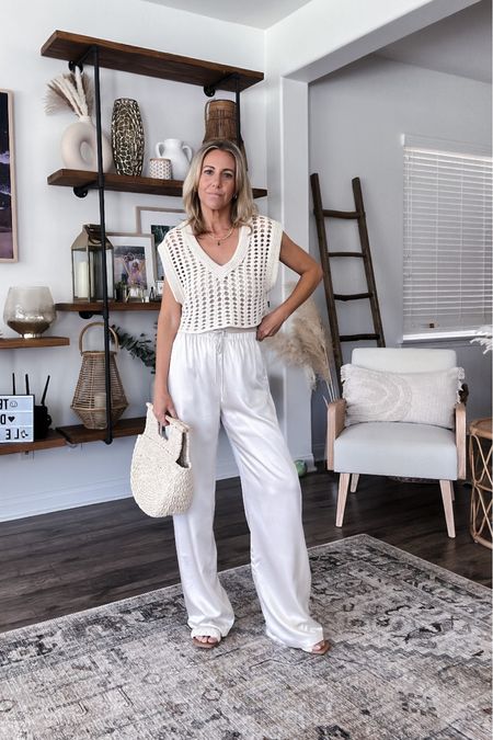 Casual chic outfit
15% off + additional 15% off with code JENREED
Satin pants run large sized down to xxs 
under tank size xs
Crochet top old so linked similar
Target handbag

#LTKunder100 #LTKsalealert #LTKFind