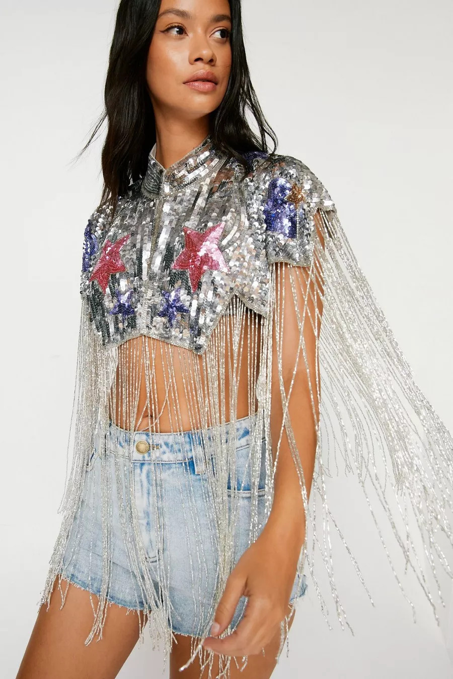 Silver Star Embellished Tassel Beaded Cape | Nasty Gal US