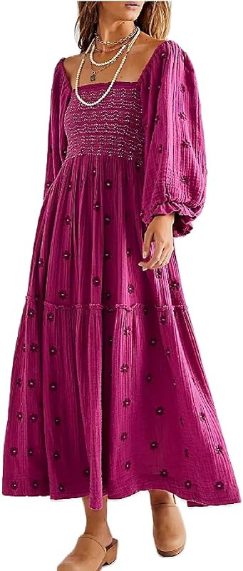 SOOKABEILA Casual Embroidered Maxi Dress for Women Square Neck Backless Smocked Ruffle Puff Sleev... | Amazon (US)