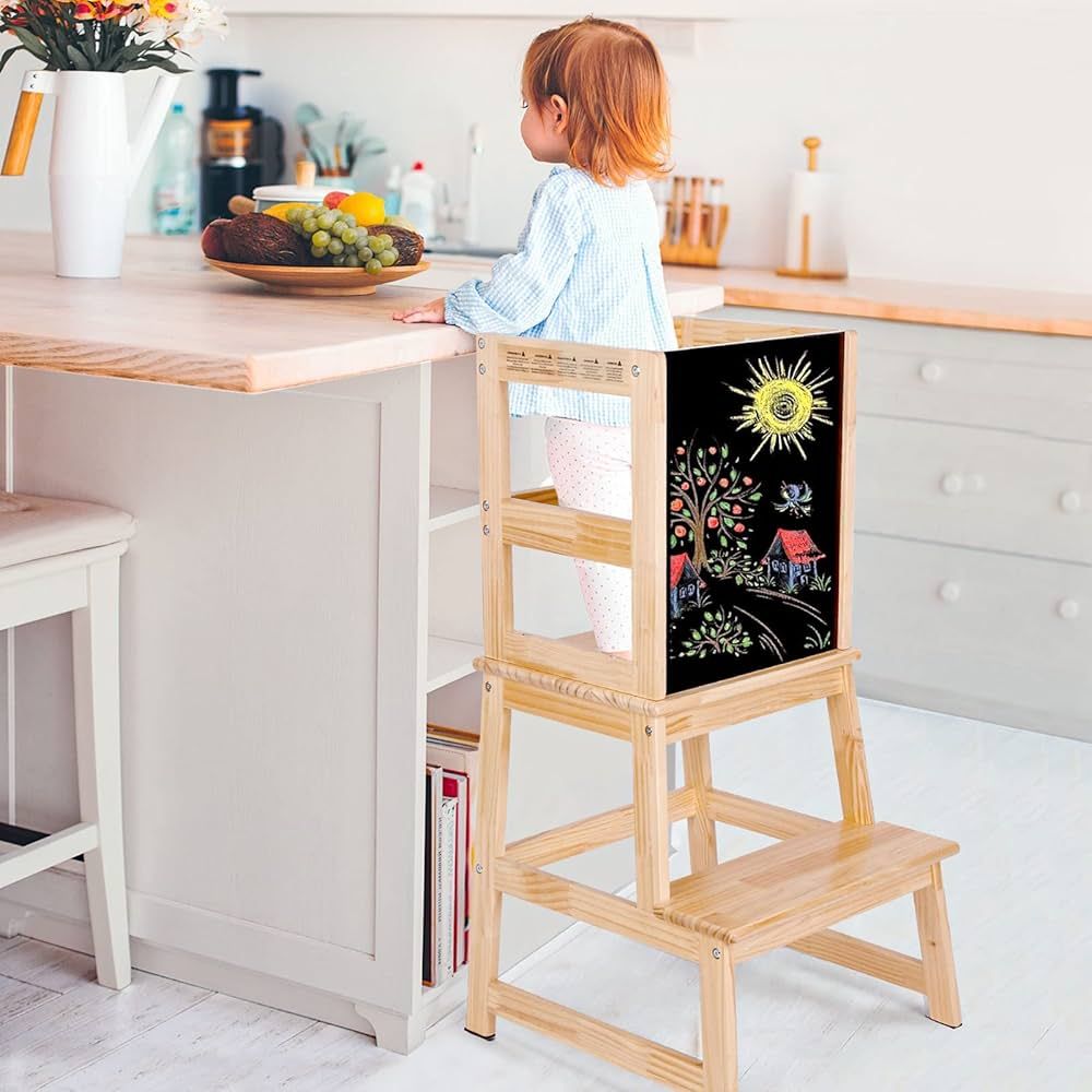 Kids Kitchen Step Stool with Chalkboard & Safety Rail for Toddlers 18 Months and Older, Safety An... | Amazon (US)