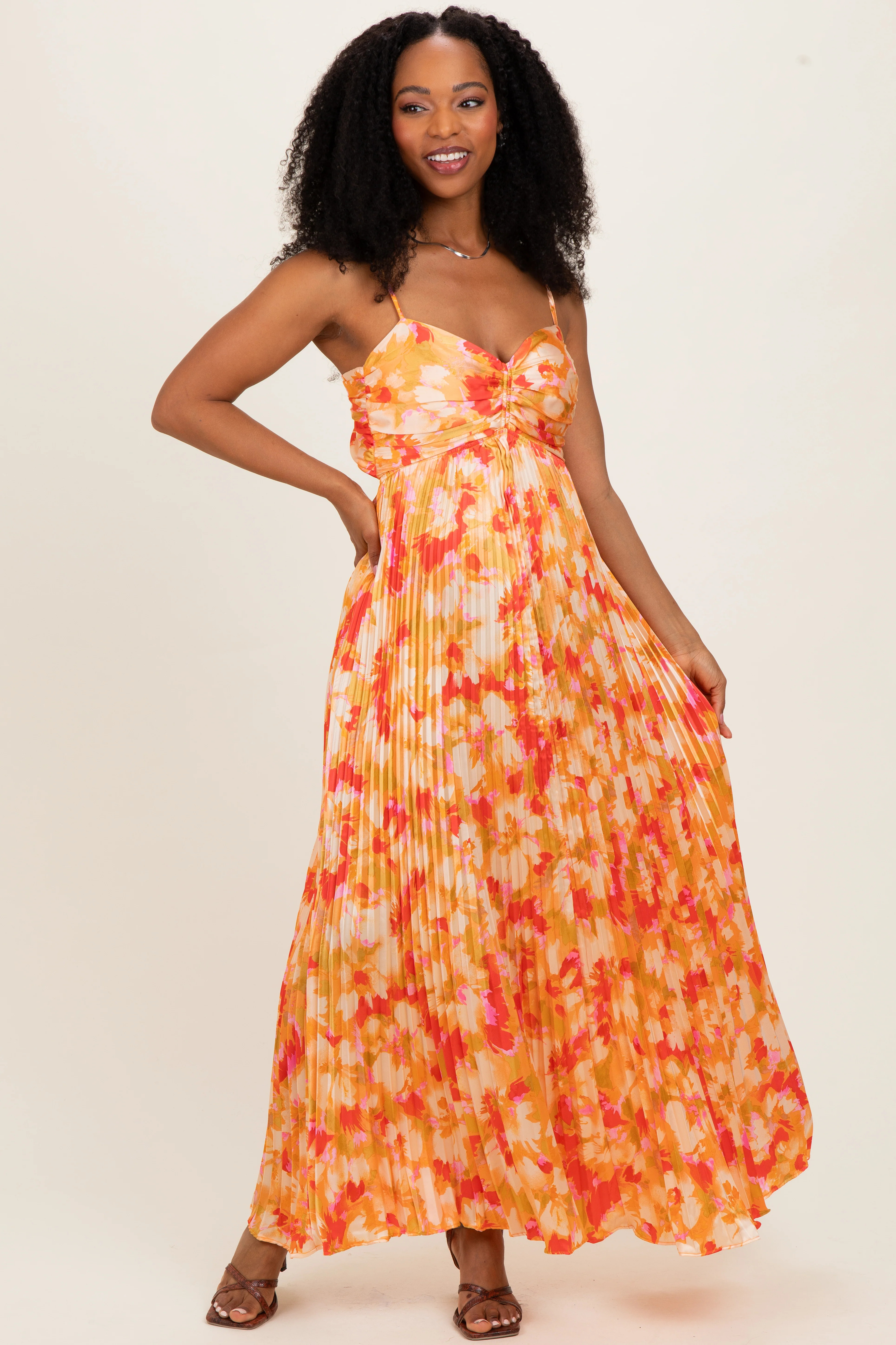 Orange Floral Pleated Sleeveless Maxi Dress - Small | PinkBlush Maternity
