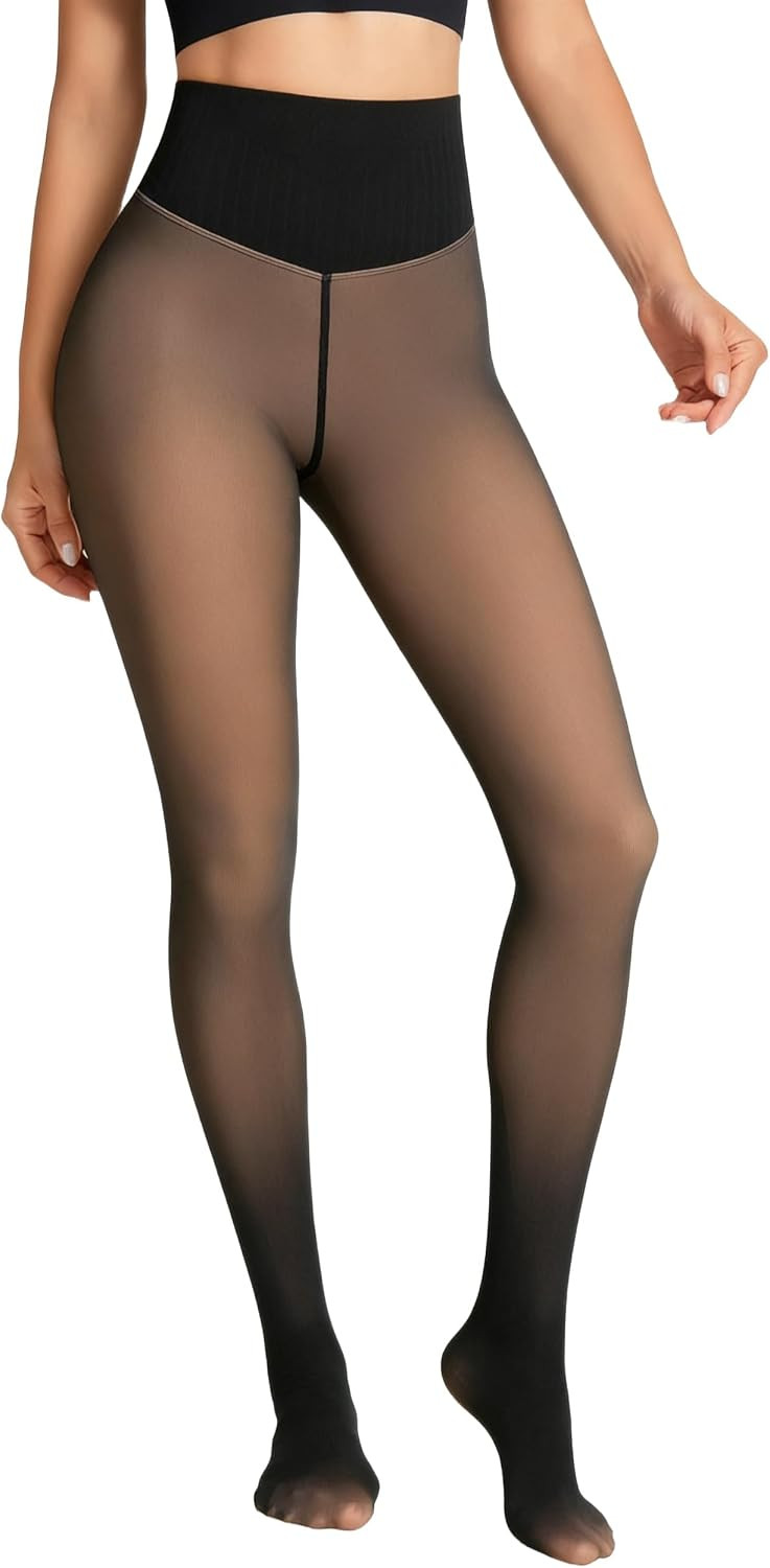 Women's Fake Sheer Thermal Tights - One-Seam Fleece Lined Leggings with Tummy Control & Butt Lifting | Amazon (US)